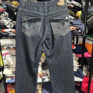 Y2K Sacred Crown Hip Hop Grunge Embroidered Baggy Jeans Size 38x30